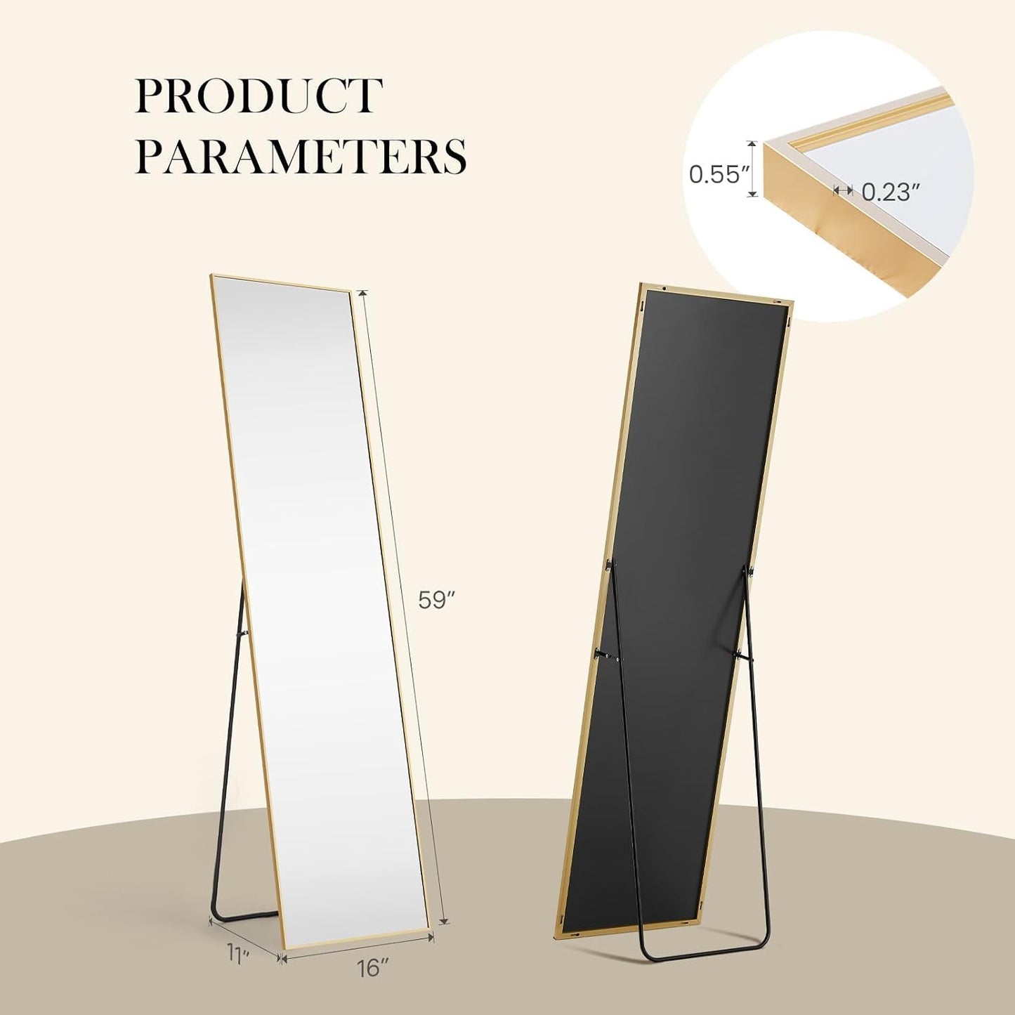 DUMOS 64"x21" Full Length Mirror, Full Body Mirror, Black | Aluminum Alloy Thin Frame, Leaning or Hanging, Suitable for Bedroom, Livingroom, Cloakroom