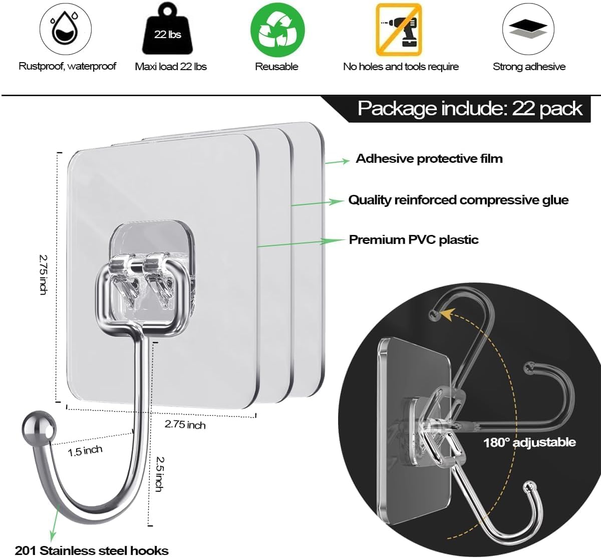 D Global Clear Adhesive Wall Hooks, Heavy Duty Self Adhesive, Waterproof & Removable, No Damage for Bathroom Kitchen Outdoor Use (12 Separable Large Hook)