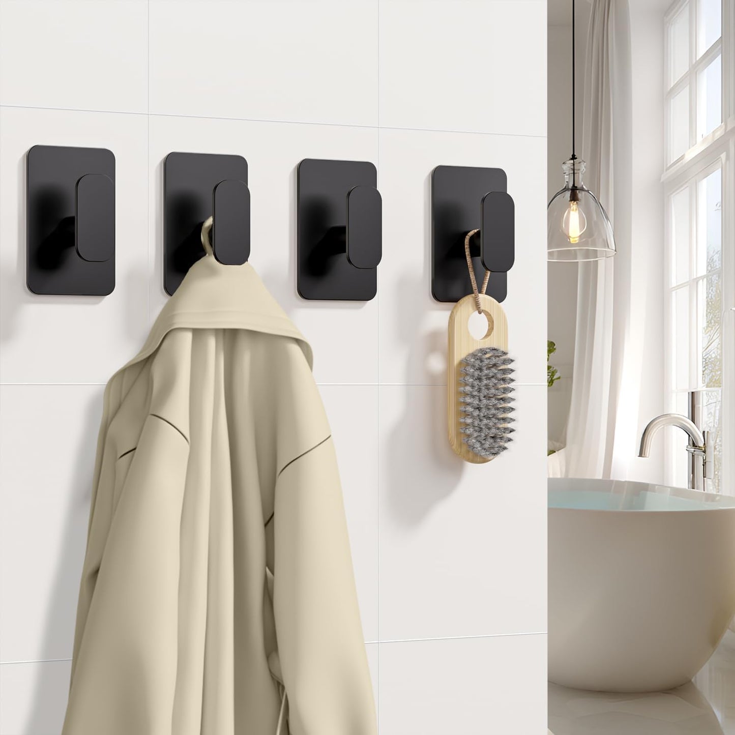 Heavy Duty Adhesive Hooks - 26lb Max, Sticky Wall Hooks Waterproof Stainless Steel for Hanging Towel, Coat, Robe, Towel Hooks Stick on Bathroom, Kitchen, Shower, Door (Black, 4 Pack)