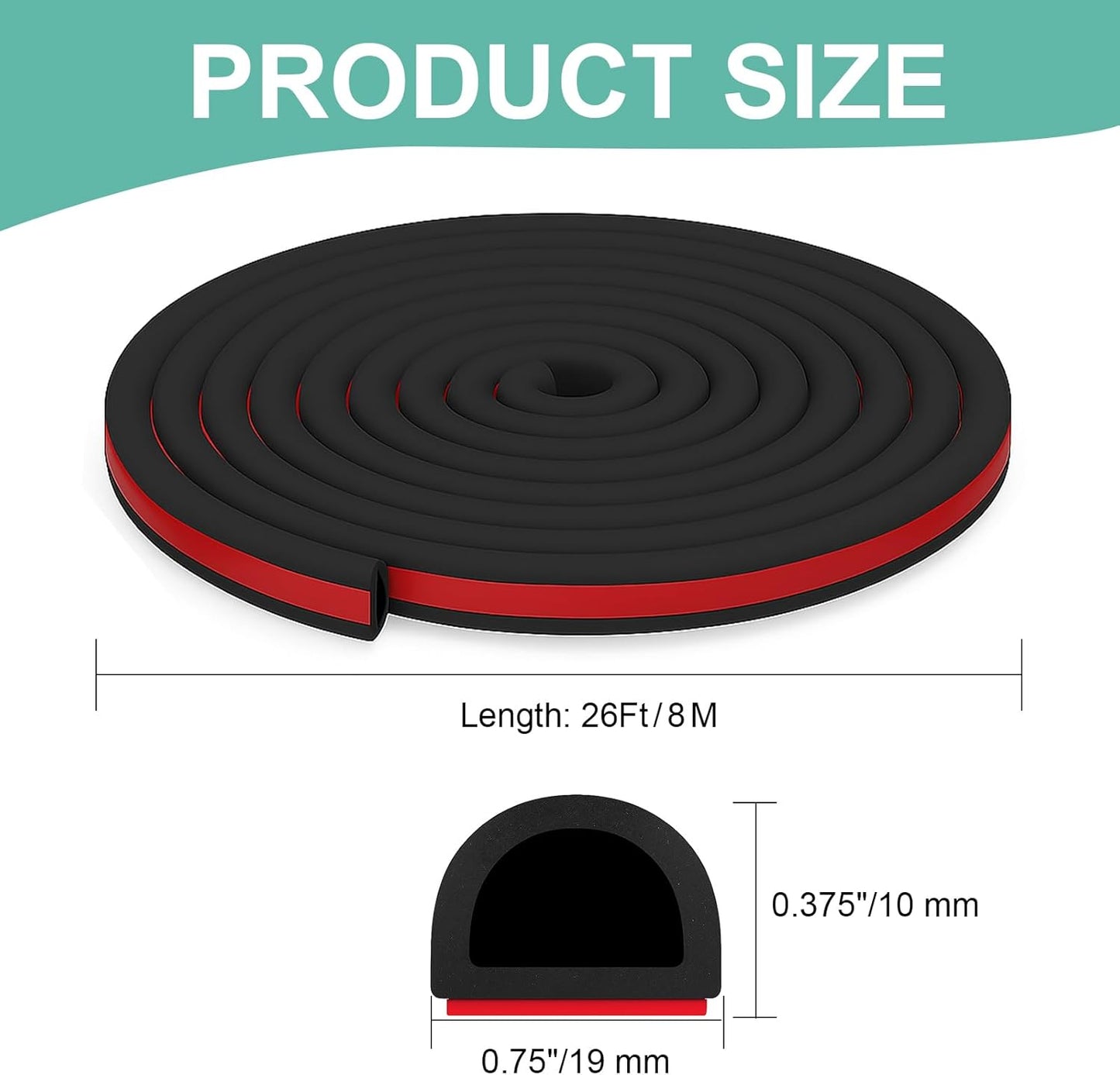 Weather Stripping Door Seal Strip 26FT – EPDM D-Shape Foam Rubber with Tape for Home Door, Window, Garage, RV, Truck, Boat, Marine Hatch – 0.75"x0.375"