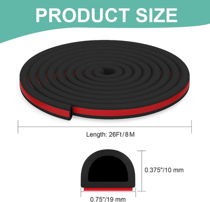 Weather Stripping Door Seal Strip 26FT – EPDM D-Shape Foam Rubber with Tape for Home Door, Window, Garage, RV, Truck, Boat, Marine Hatch – 0.75"x0.375"