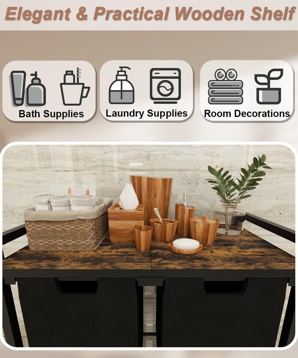 10 x 3 Gal Large Laundry Hamper with 3 Pull-Out & Removable Sorter Bags, Freestanding Clothes Basket Organizer for Clothing or Toys in Bathroom and Living Room, Rustic Brown and Black