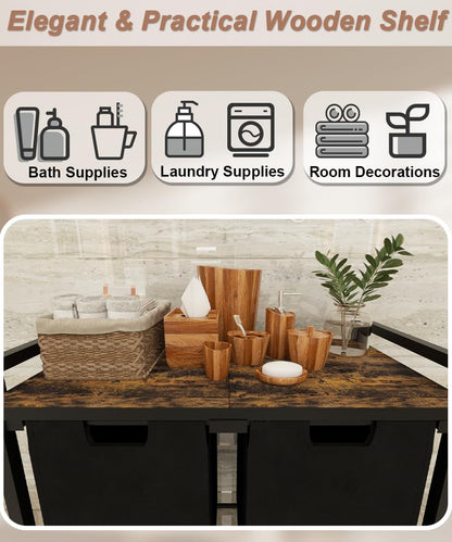 10 x 3 Gal Large Laundry Hamper with 3 Pull-Out & Removable Sorter Bags, Freestanding Clothes Basket Organizer for Clothing or Toys in Bathroom and Living Room, Rustic Brown and Black