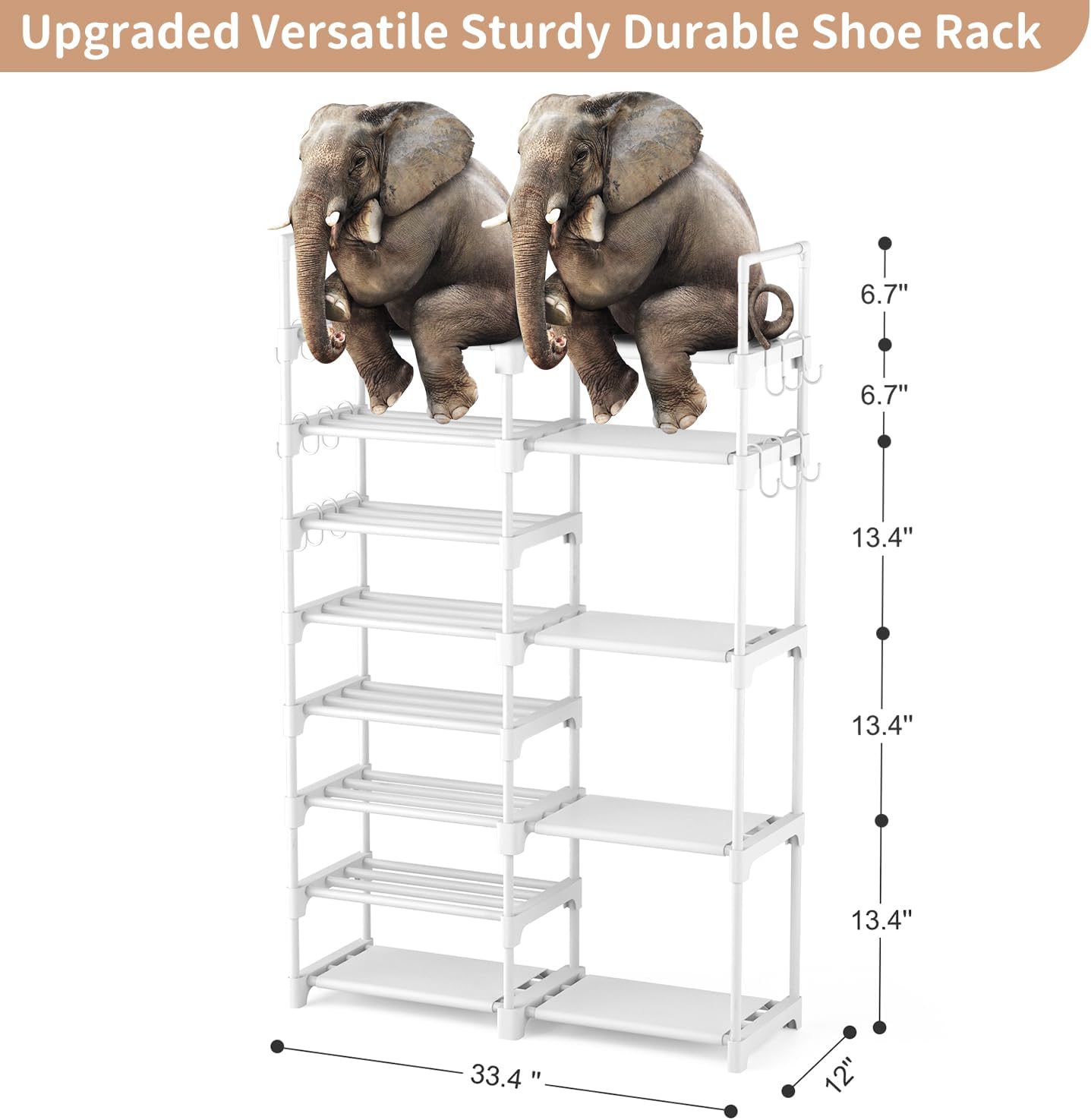 ROJASOP Shoe Rack Organizer, 8-Tier Metal Shoe Rack for Closet Entryway Garage, 26-32 Pairs Tall Shoe Boot Storage Shelf with 15 Hooks, Stackable Large Shoe Stand