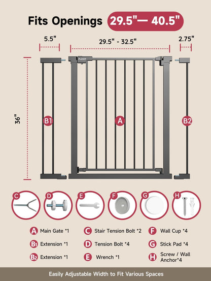 29.5-40.5" Baby Gate for Stairs, Dog Gate for Doorways, Walk Thru Auto Close Metal Baby Safety Gate for The House, Stairs and Doorways, Child Gate Pressure Mounted, Pet Gate for Dog Indoor - Black