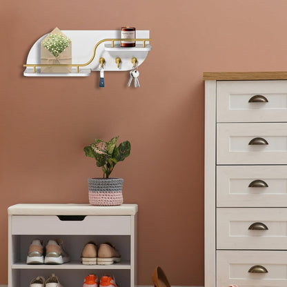 Key Holder for Wall, Decorative Key and Mail Organizer with 6 Sturdy Metal Hooks and Floating Shelf, 14 Inches Wood Wall Mounted Key Rack for Entryway, White and Gold