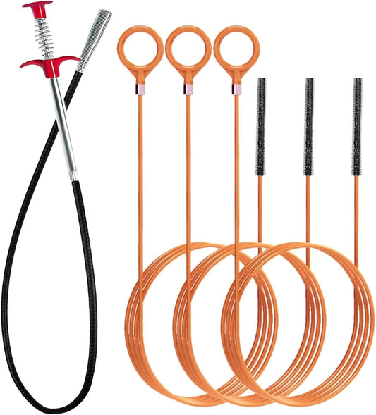 Hair Catcher Drain Auger Cleaner Tool Set - 3 × 53 Inch Sink Snake + 1 × 35 Inch Drain Clog Remover, Set For Toilet, Kitchen Sink, Bathroom Tub, Sewer，4 Pack