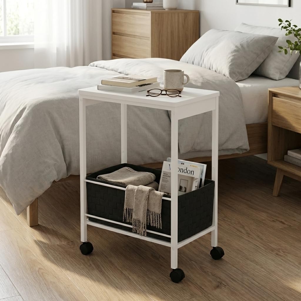 Rustic Brown Rolling Side Table with Storage Basket, Narrow End Table on Wheels for Small Spaces, 15.75" D x 9.84" W x 22.05" H Sofa Side Table with Fabric Bin for Living Room and Bedroom