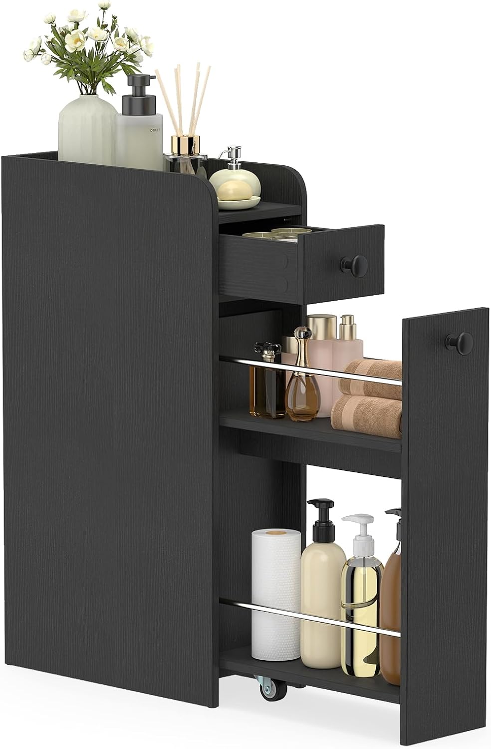 Tangkula Slim Bathroom Storage Cabinet, 4-Tier Narrow Small Side Storage Cabinet Next to Toilet, Slide Out Drawers on Casters, Bathroom Floor Organizer Toilet Paper Holder for Small Spaces (White)