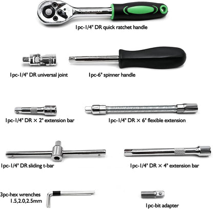 Egofine 46 Pieces 1/4 inch Drive Socket Ratchet Wrench Set, with Bit Socket Set Metric and Extension Bar for Auto Repairing and Household, with Storage Case