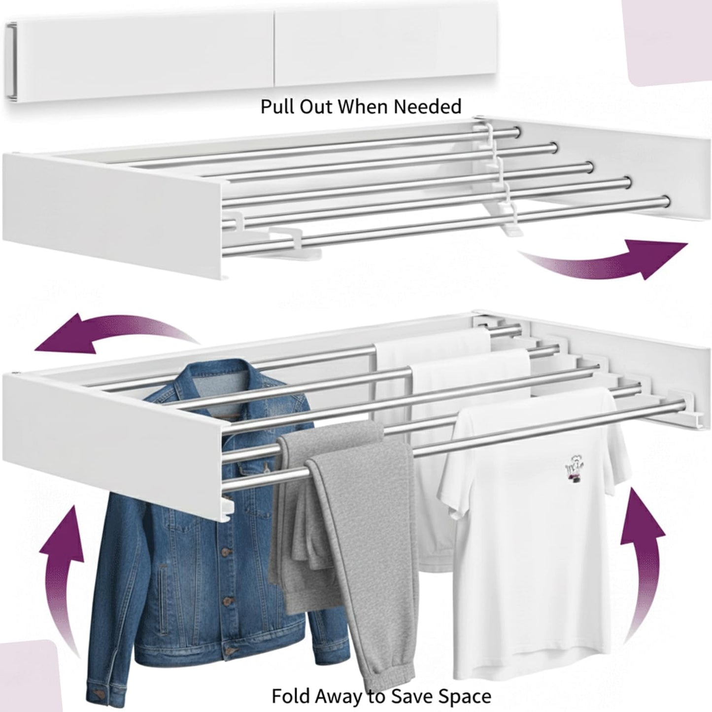 ECHOKRAFTS Wall Mounted Clothes Drying Rack, Foldable Wall Mount Laundry Rack Folding Indoor, Drying Rack Clothing Collapsible, Hidden Space Saver Cloths Drying Rack, Wall Drying Rack