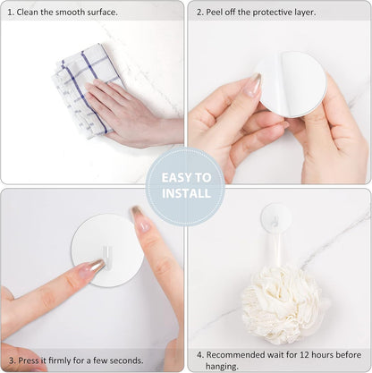 VIS'V Adhesive Hooks, Shower Wall Stick on Hooks, Round, White, 4 Pcs | Metal Material, Compact Design, Peel and Stick, 2 Extra Adhesive Strips, for Bathroom Kitchen Livingroom Office RV