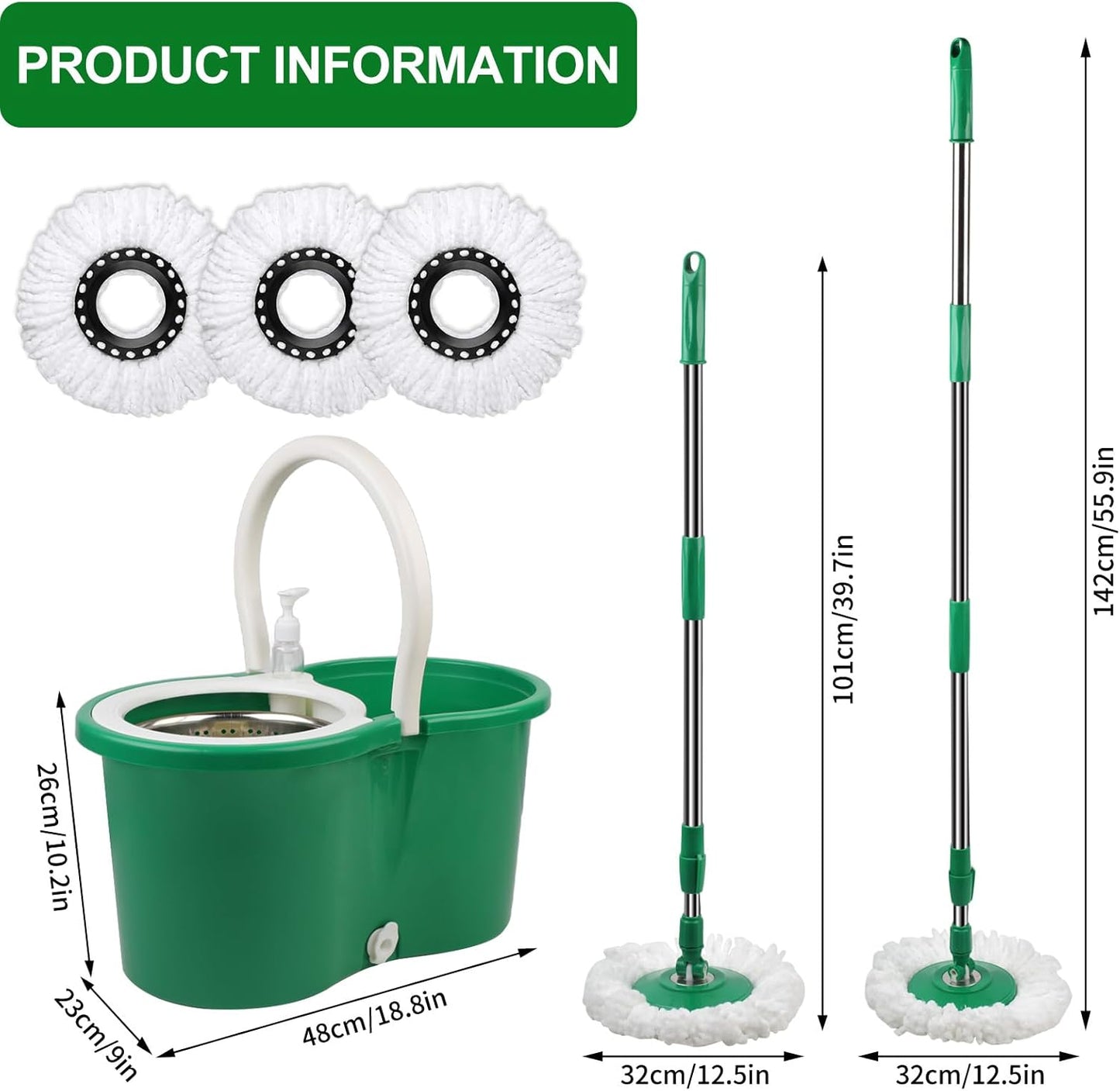 Spin Mop and Bucket with Wringer Set, 360° Rotating Head Mop Bucket System with 3 Microfiber Mop Refills Wet and Dry Suitable for Office and Home Use, Green (Black-Plus)