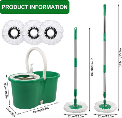Spin Mop and Bucket with Wringer Set, 360° Rotating Head Mop Bucket System with 3 Microfiber Mop Refills Wet and Dry Suitable for Office and Home Use, Green (Black-Plus)