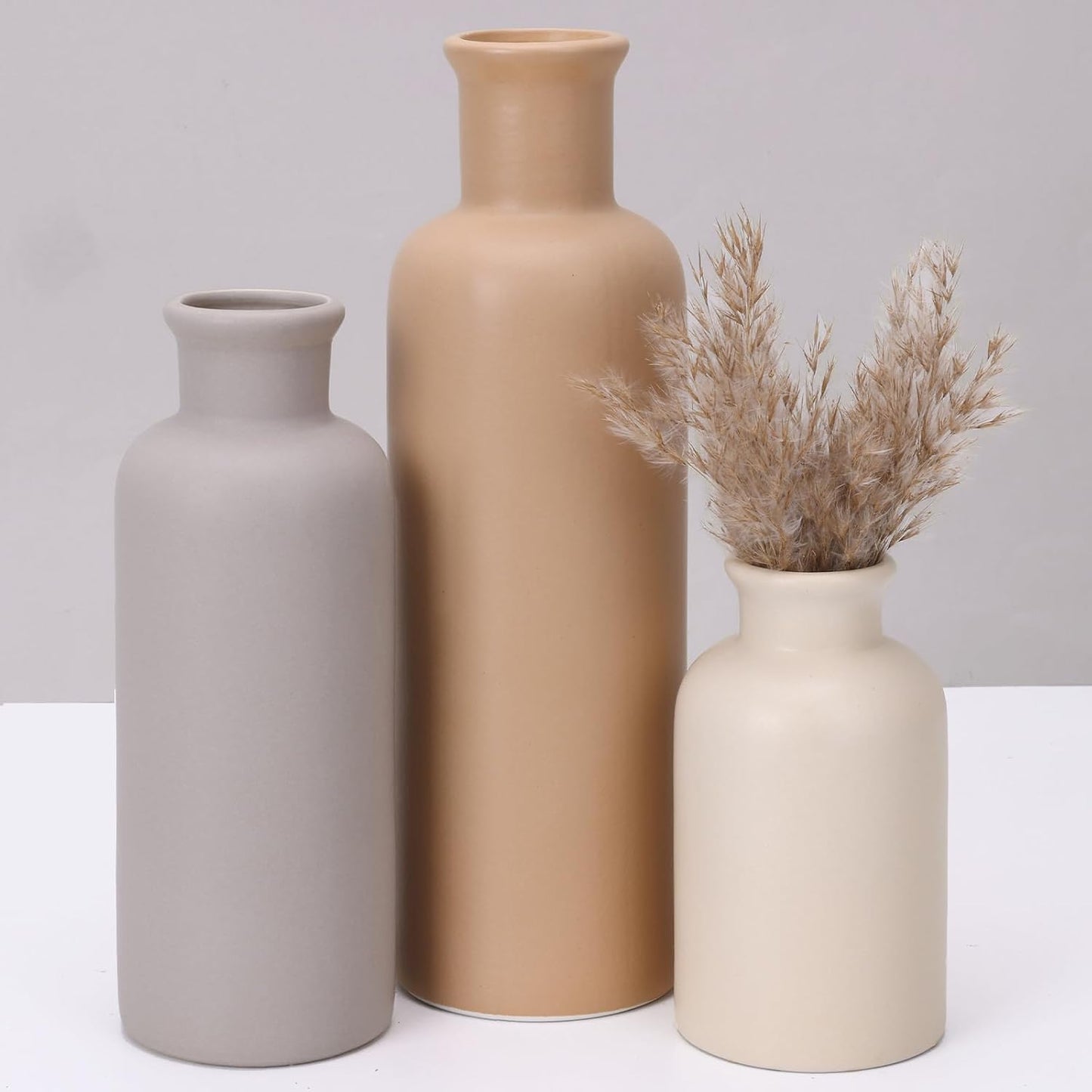 CUCUMI Ceramic Vase Set of 5, Home Decor Farmhouse Décor Handmade Pottery Vases for Pampas Grass, Dried Fresh Flowers, Table, Living Room, Kitchen, Shelf, Entryway Mantel Neutral Tones