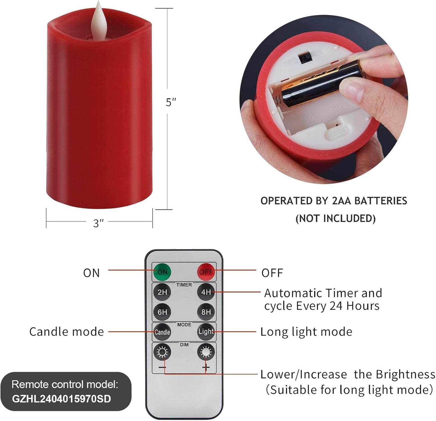 3x3 Flickering Flameless Candles Set of 2, 2AA Battery Life 600 Hours Battery Candles Flickering with Timer,3 inch Flameless Candles with Remote for Indoor/Outdoor, Ivory