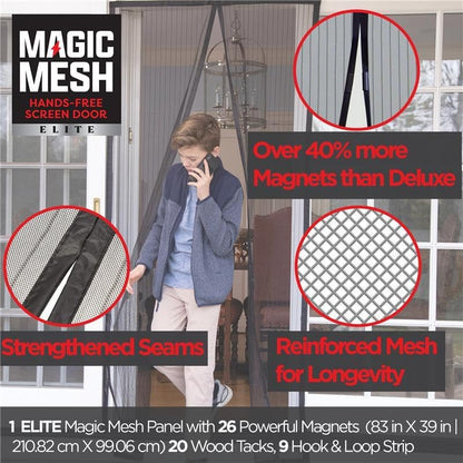 Magic Mesh Elite- More Durable Magnetic Screen Door, Reinforced Seam Mesh Curtain Keeps Bugs Out, One Panel Hook & Loop Frame, Strong & Hidden Magnets- Fits Single Doors up to 39 x 83 Inches