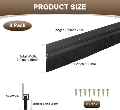 M METERXITY 2Pack Door Sweep - 39" Door Bottom Brush Heavy Duty Seal Draft Stopper Aluminum Base with 50mm Brush, Adhesive/Screw Installation for Interior/Exterior/Garage/Sliding Doors, Black
