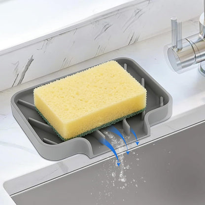 JACZZO Silicone Sponge Holder for Kitchen Sink, (10x4 In) Sink Caddy with Drain Spout, Self Draining Soap Tray & Organizer, Kitchen Accessories,Bathroom Organizer, Easy to Clean (Grey)