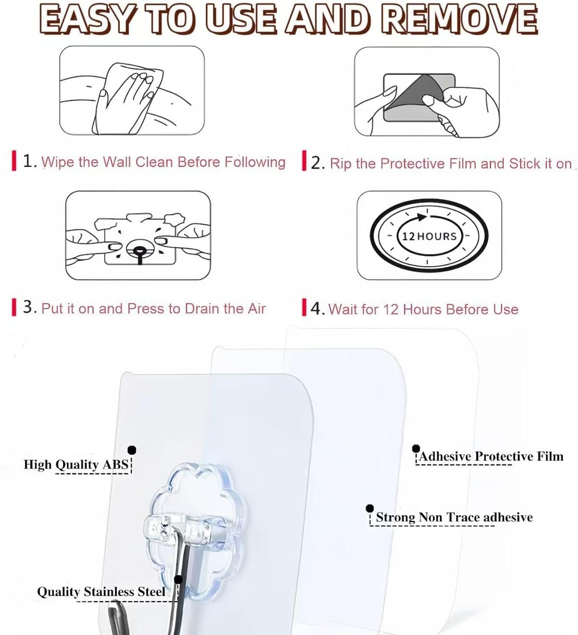Adhesive Wall Hooks for Hanging Heavy Duty 50 lbs Large Hooks for Walls No Damage, Towel Sticky Clear Hook, Waterproof, Home, Bathroom, Kitchen, Office, and Outdoor 10 Pack