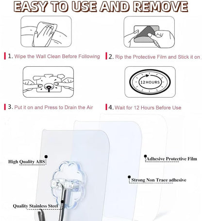 Adhesive Wall Hooks for Hanging Heavy Duty 50 lbs Large Hooks for Walls No Damage, Towel Sticky Clear Hook, Waterproof, Home, Bathroom, Kitchen, Office, and Outdoor 10 Pack