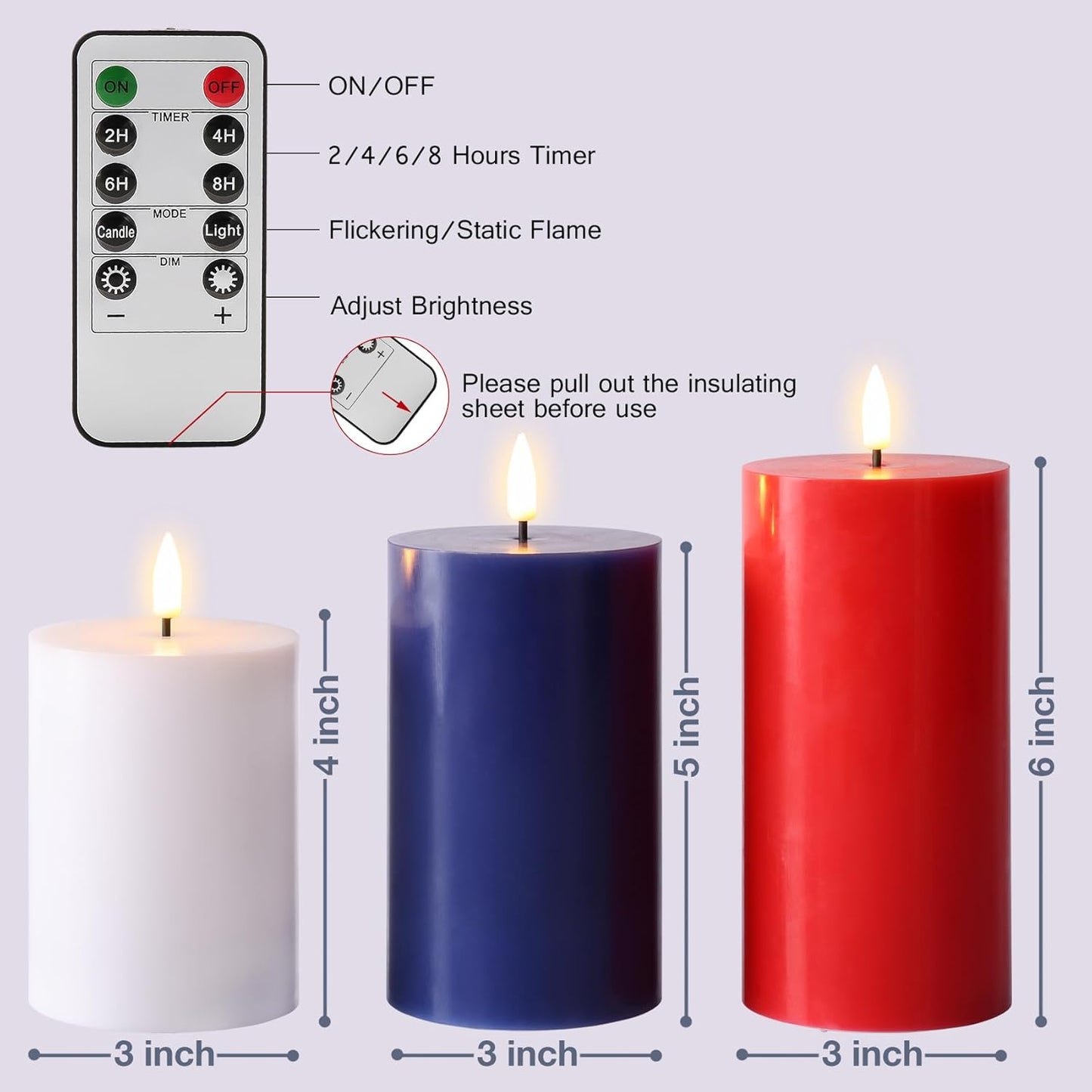 Eywamage White Real Wax Flameless Pillar Candles with Remote, Flickering Flat Top LED Battery Candles Set of 3