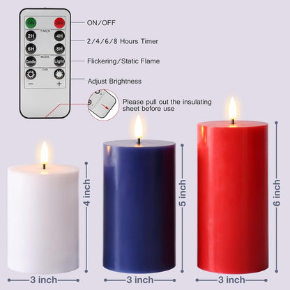 Eywamage White Real Wax Flameless Pillar Candles with Remote, Flickering Flat Top LED Battery Candles Set of 3
