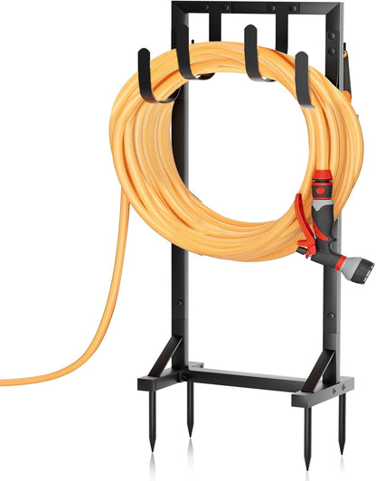 Garden Hose Holder with Stable Base and Tool Hooks, GAVISCITY Heavy-Duty Metal Hose Hanger Garden Hose Storage Holds 151Ft Hose, Rustproof Freestanding Water Hose Holder for Outside, Yard, Lawn, Black