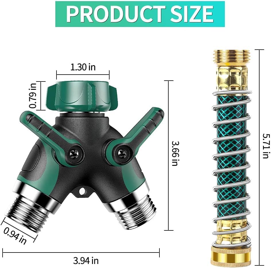 2 Way Garden Hose Y Splitter, 3/4 Inch Heavy Duty Metal Faucet Splitter | 2 Pack 3/4" Garden Hose Splitter Heavy Duty Water Faucet Splitter with Comfortable Rubberized Grip + 6 Extra Rubber Washers