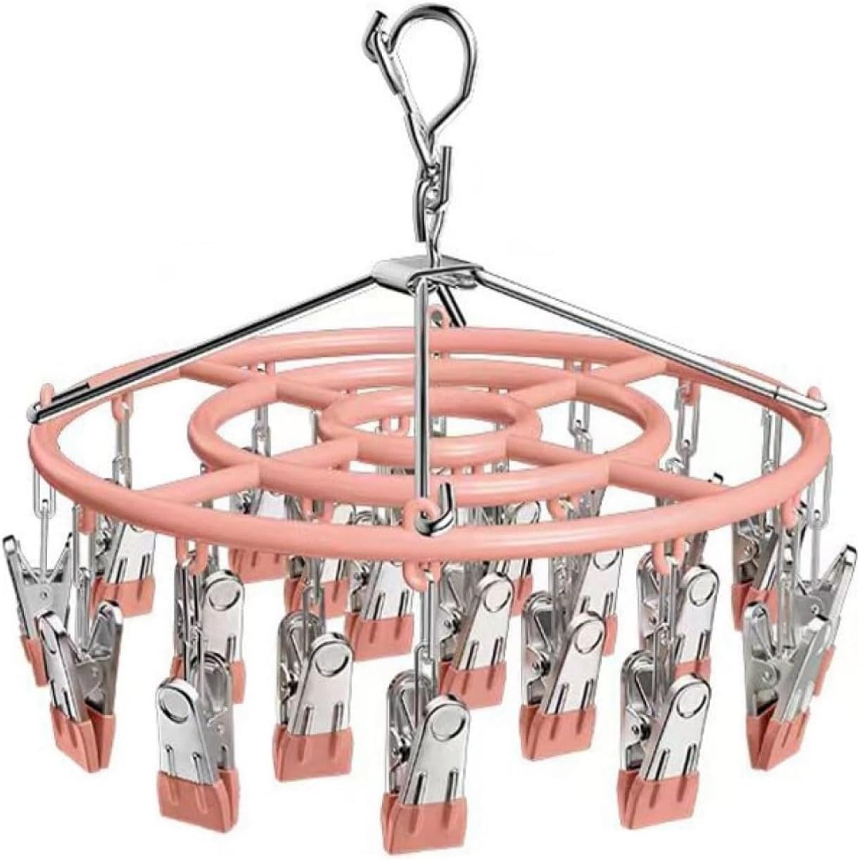 Drying Rack for Sock, Stainless Steel Sock Drying Rack with 24 Clips, Swivel Hook Windproof Hanger for Sock, Bras, Towel, Underwear, Laundry, Hat, Scarf, Pants, Gloves(Pink)
