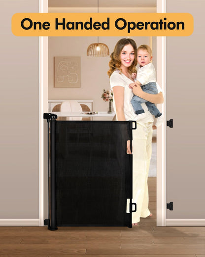 Retractable Baby Gate for Stairs & Doorways, 55" Wide x 33.6" Tall Easy Installation Mesh Dog Gate for Indoor & Outdoor Use,Pet and Dog Safety Gate for Hallways(Grey)