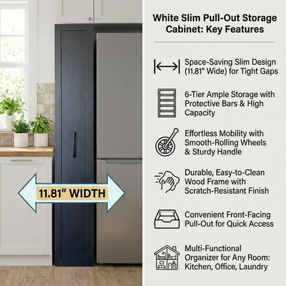 Slim Rolling Storage Cart, 6-Tier Pull-Out Spice Rack with Handle & Wheels, Narrow Kitchen Organizer for Next to Fridge, Pantry, Laundry Room,11.8 Inch Wide Space Saver（Black, With Side Panel)