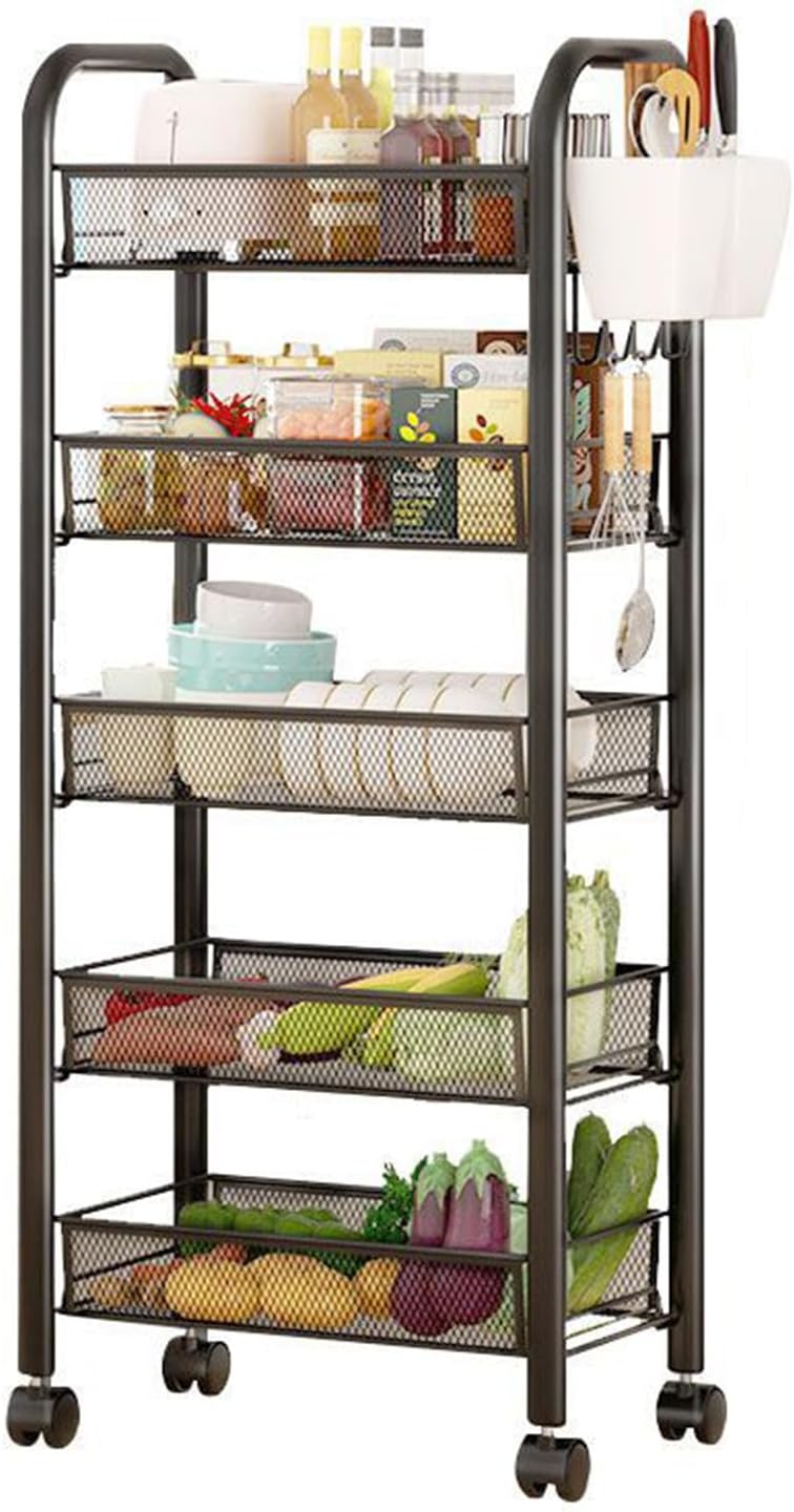 5-Tier Rolling Cart, Stackable Fruit Vegetable Rack, Kitchen Mesh Storage Basket with 360 Degree Wheels, Snack Cart for Kitchen Pantry Bathroom Organizer Heighten Guardrail Detachable (5-Tier Black)