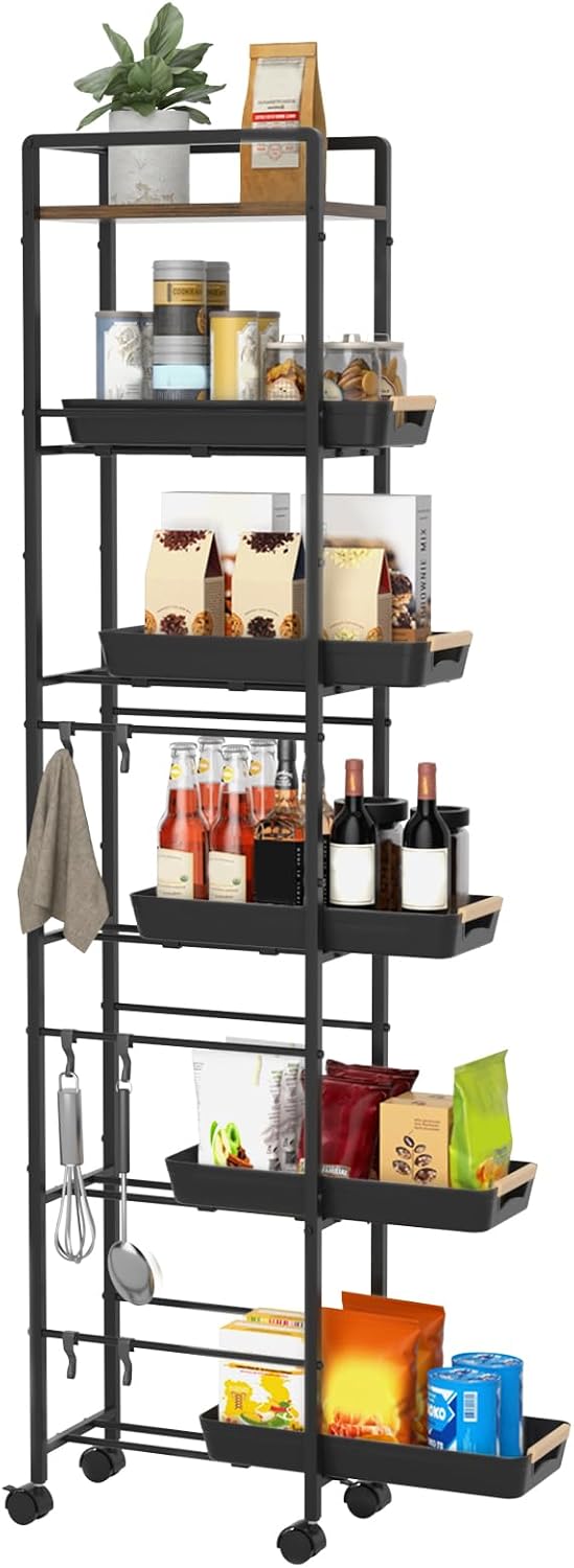 6 Tier Slim Storage Cart with Pull-Out Baskets Rolling Cart with Wheels Wood Top Narrow Utility Cart Metal Shelving Units for Pantry Laundry Room Bathroom Kitchen White 8in(W)