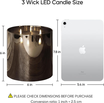 Eywamage 3 Wick Smoke Grey Glass Flameless LED Candle with Remote, Flickering Large Battery Pillar Candle Decor Φ 6" H 6"