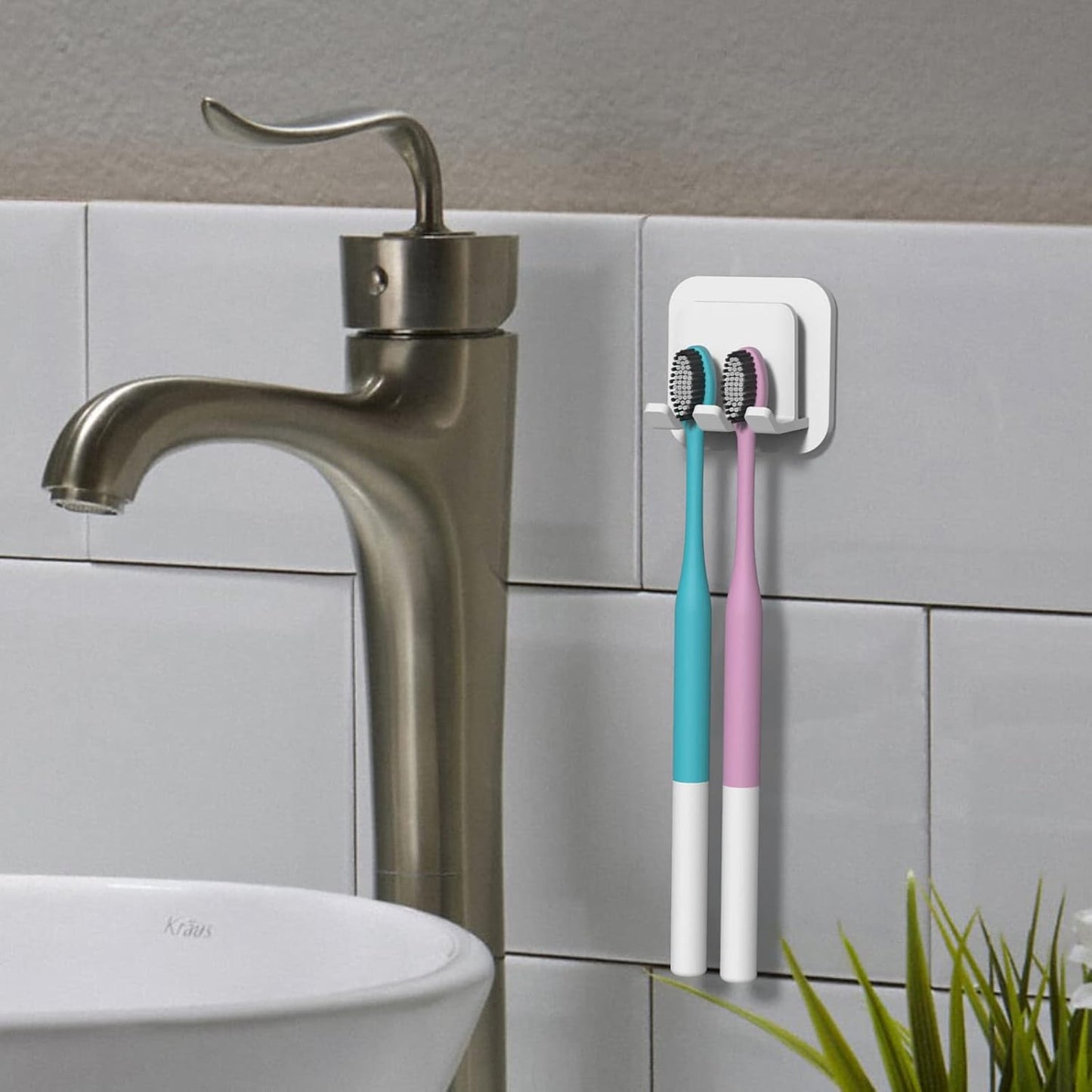 2 PCS Self-Adhesive Toothbrush Holders Wall Mounted, Water Proof Toothbrush Hook, 3 in 1 with Toothbrush Hanger Toothpaste Holder and Gargle Cup Holder for Bathroom Shower (White)