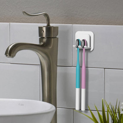 2 PCS Self-Adhesive Toothbrush Holders Wall Mounted, Water Proof Toothbrush Hook, 3 in 1 with Toothbrush Hanger Toothpaste Holder and Gargle Cup Holder for Bathroom Shower (White)