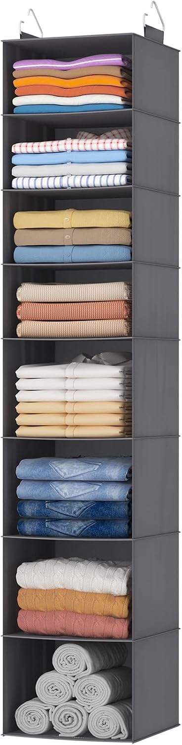 Lifewit 5 Tier Hanging Closet Organizer and Storage for Shelves, Foldable Clothes Shelf with 2 Sturdy Hooks, Sweater/Coat/Shoes Clothing Organization for Wardrobe, Dorm, Bedroom, Gray