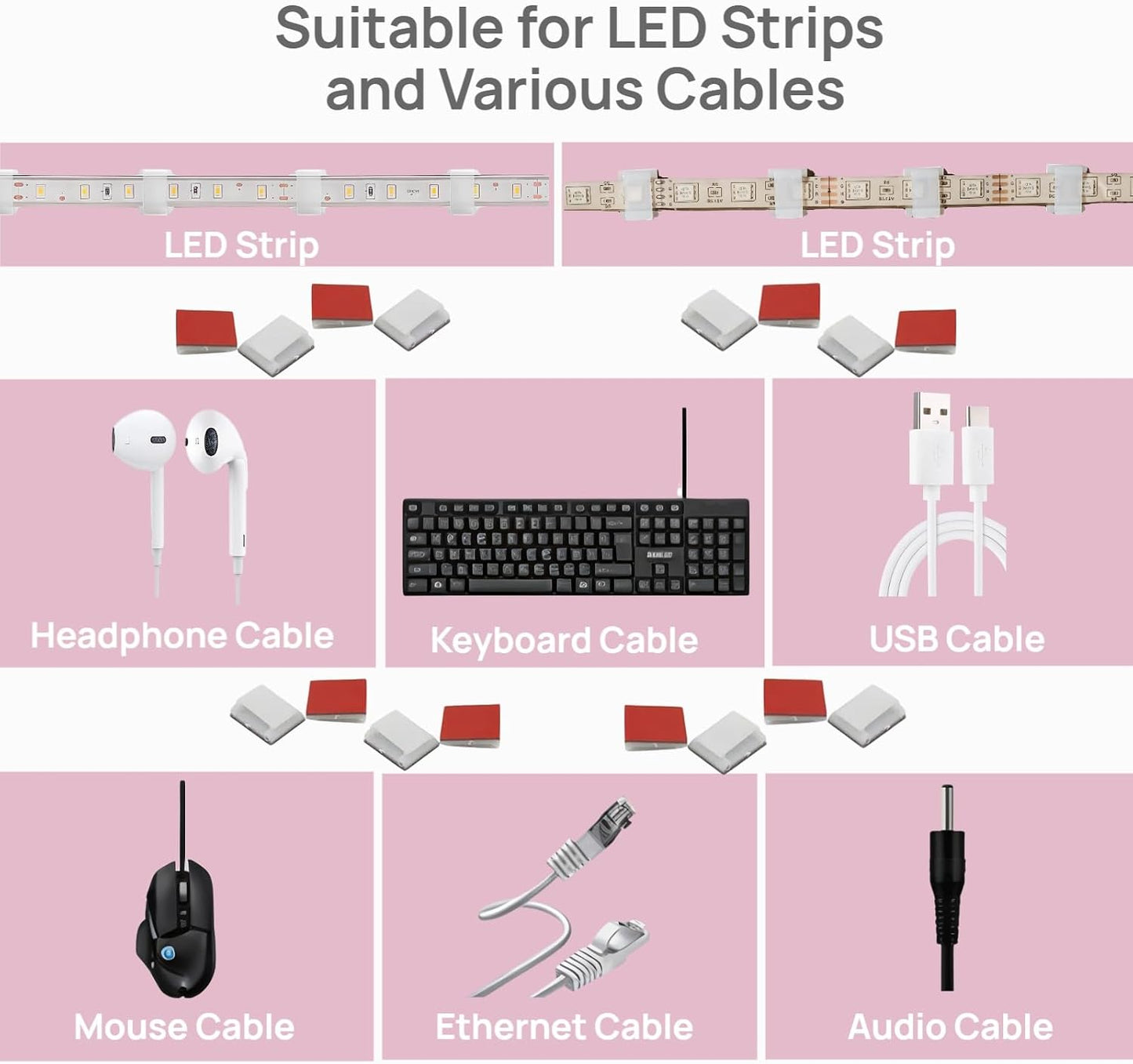 120PCS LED Strip Light Clips, Self-Adhesive Mounting Clips & Mini Cable Clips for 6mm/8mm/10mm Wide Strip Lights, Adhesive Wire Clips Wall Holder for 3528/5050/2835 SMD, Cable Management Solution