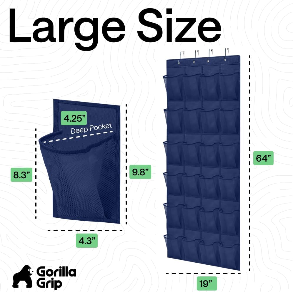 GORILLA GRIP Over the Door Shoe Organizer, 24 Large Breathable Mesh Pockets, Space Saving Hanging Storage Holder, Closet Rack Hanger Holds Up to 40 lbs, Hangs on Closets for Shoes, Accessories, Grey
