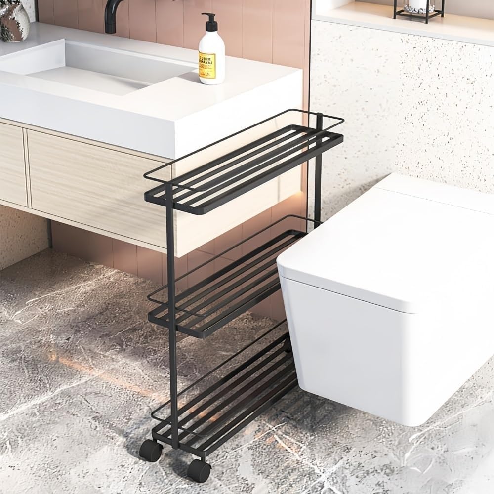 3-Tier Narrow Rolling Storage Cart Metal Utility Rack with Wheels Space-Saving Organizer for Bathroom Kitchen Laundry Room Long-Lasting(Gold)