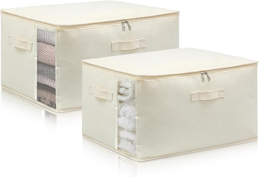 Canvas Comforters Bags Closet Organizers and Storage for Quilts Clothes Organization Containers Bins with Sturdy Zipper, Clear Window 75L for Sweaters Blankets Storage Bedroom Collapsible