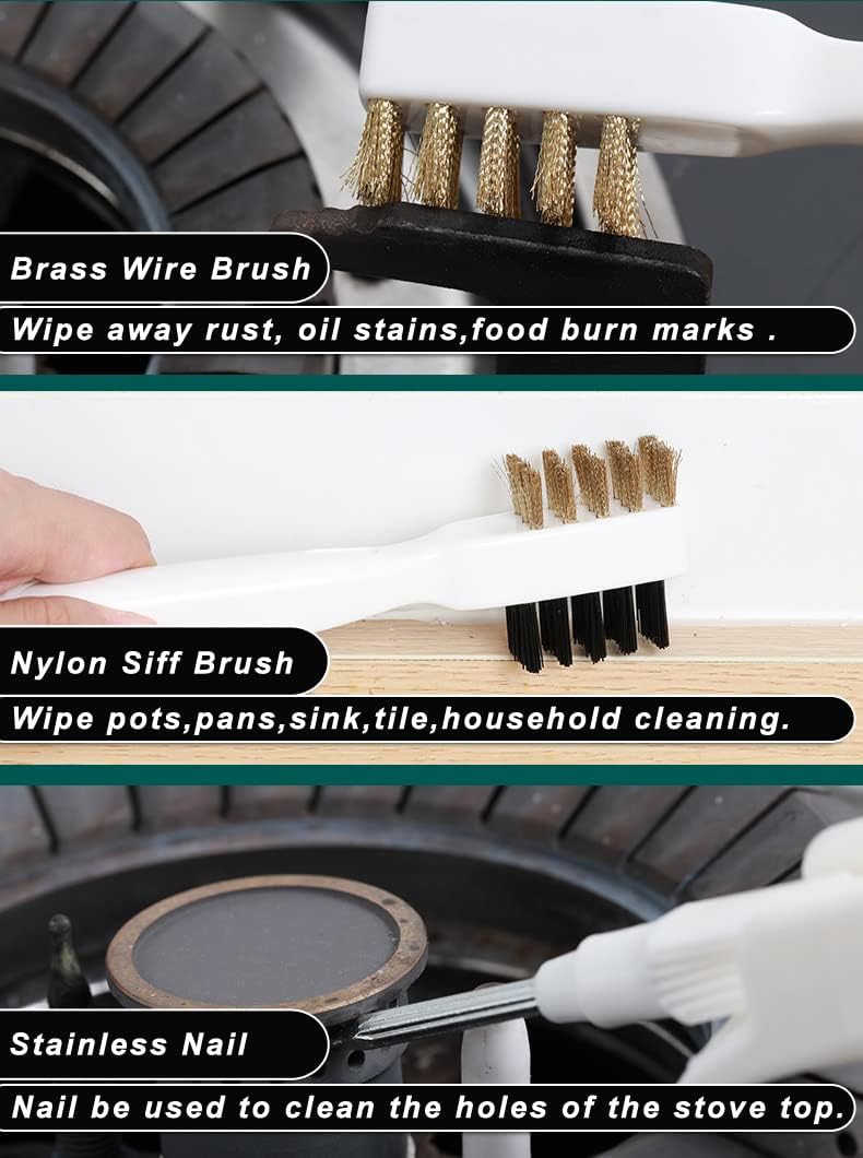 Kitchen Cleaning Scrub Brush - Deep Gas Stove Brass Wire Brushes with Stiff Bristles & Cooktop Scraper, Scrubber for Range Hood Grease Grime, Rust Cleaner for Pot Pan, Household Cleaning Tools