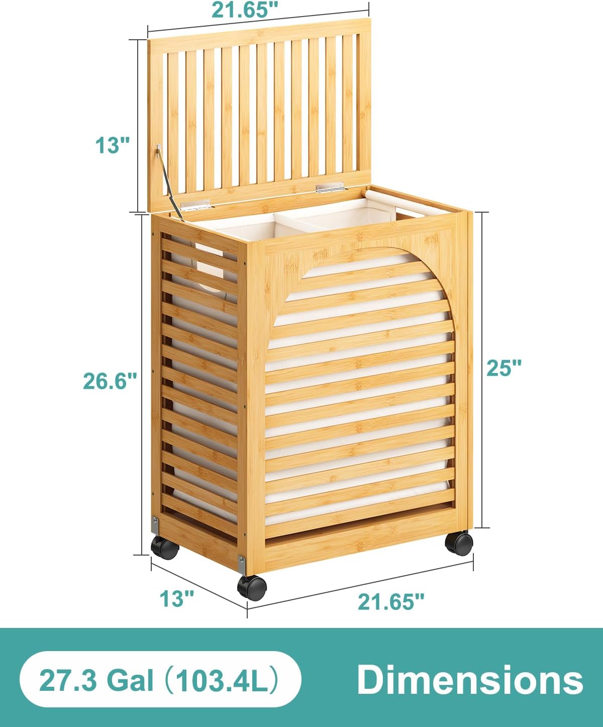 Black Laundry Hamper with Wheels, Laundry Basket with Lid, 22.5 Gallon (85L) Bamboo Wood Clothes Laundry Hamper 2 Section with Handles, Removable Liner