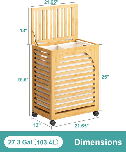 Black Laundry Hamper with Wheels, Laundry Basket with Lid, 22.5 Gallon (85L) Bamboo Wood Clothes Laundry Hamper 2 Section with Handles, Removable Liner