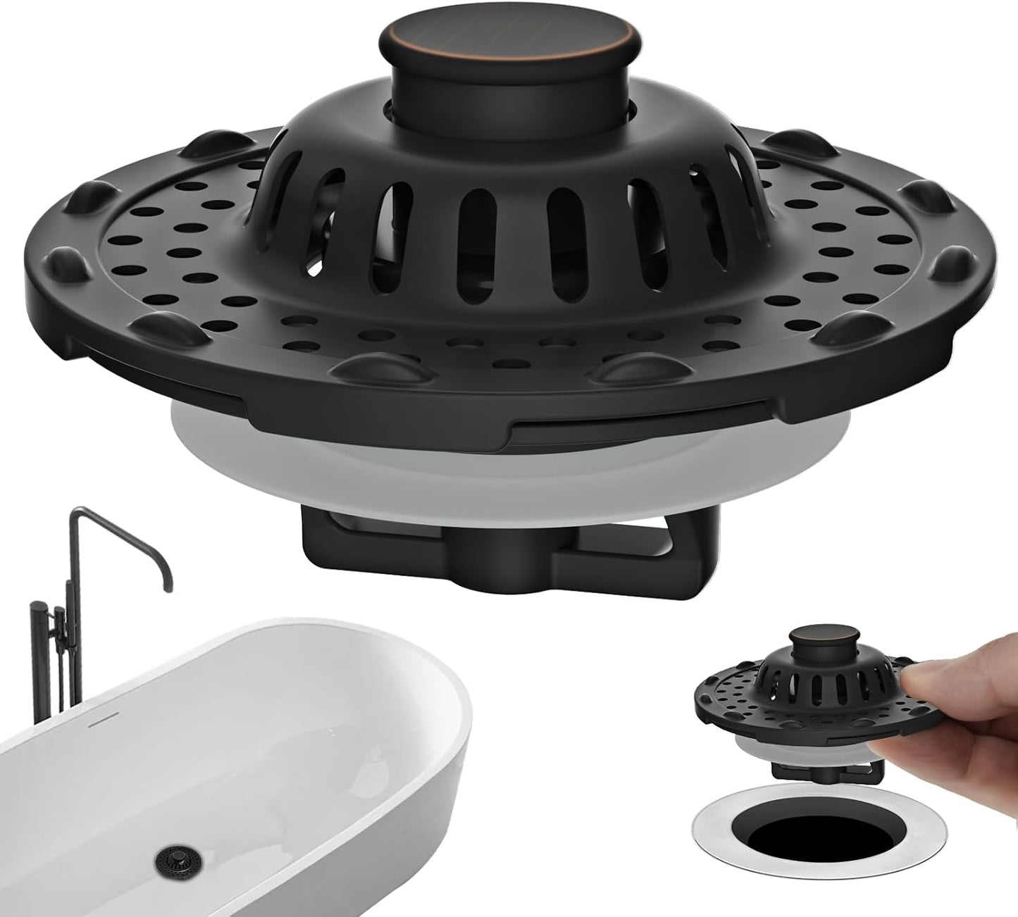 Universal Bathtub Drain Stopper Shower Drain Hair Catcher, Tub Stopper with Visible Top Strainer, Upgraded 3 in 1 Pop-up Drain Plug Fit for 1.5 to 2.4" Hole, Stainless Steel Filter Basket, Chrome