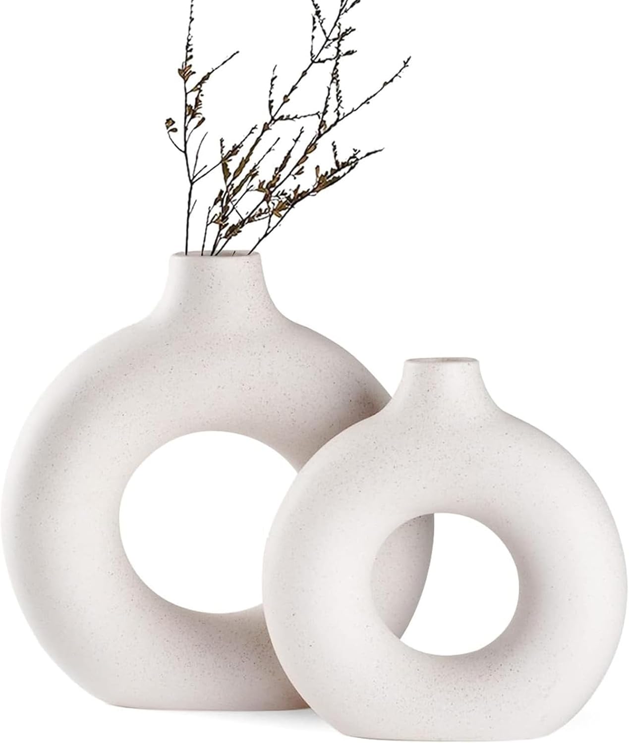White Ceramic Donut Vase Set of 2, Hollow Matte Pampas Flower Vases for Boho Home Wedding Party Room Dinner Table Shelf Decor.（White）
