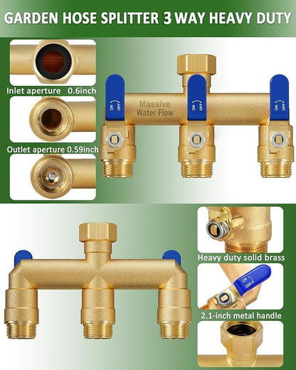 3 Way Hose Splitter, Heavy Duty Full Flow Garden Water Hose Bib Spigot Splitter, Brass Rust and Freeze Resistant Outdoor Faucet Splitter, T Adapter Connector with 3/4 - Inch GHT Thread （Green）