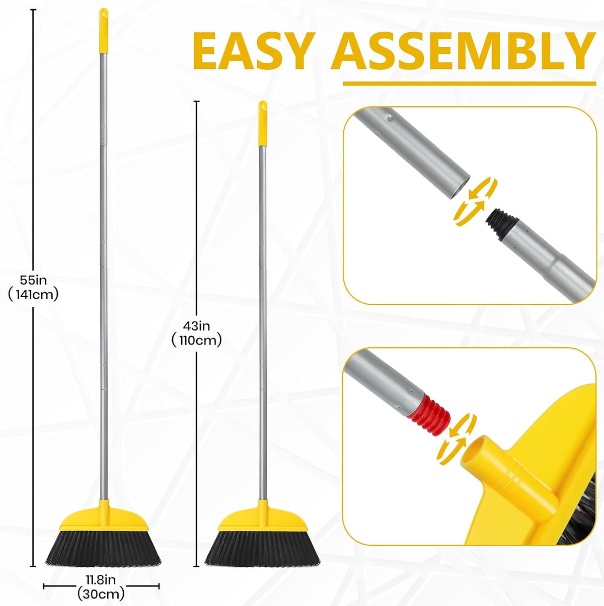 Indoor Broom for Floors 55” Soft Bristle Brooms for Sweeping Indoor/Outdoor to Clean Kitchen, Lobby, Office, Hardwood, Tile, Concrete, Patio, Deck-Yellow