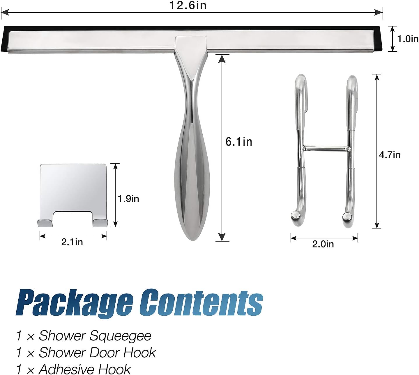 Simtive 14-Inch Shower Squeegee Set, Includes Shower Door Hook and Adhesive Hook, Squeegee for Shower Doors, Mirror and Window, Silver